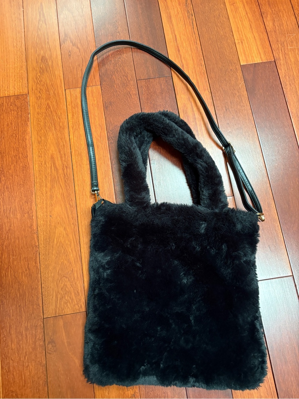 Plush Black Faux-Fur Tote with Convertible Strap